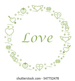 Cute vector illustration with different romantic symbols arranged in a circle. Design for banner, flyer, poster or print. 