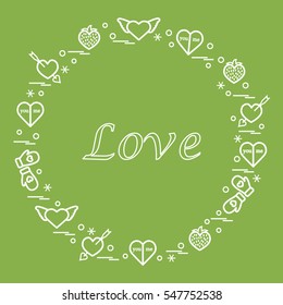 Cute vector illustration with different romantic symbols arranged in a circle. Design for banner, flyer, poster or print. 