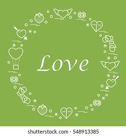 Cute vector illustration with different romantic symbols arranged in a circle. Design for banner, flyer, poster or print. 