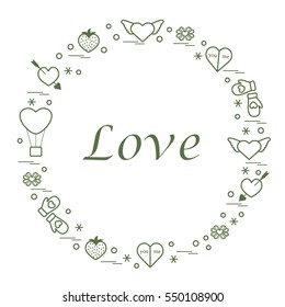 Cute vector illustration with different romantic symbols arranged in a circle. Design for banner, flyer, poster or print. 