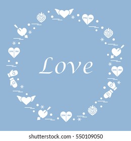 Cute vector illustration with different romantic symbols arranged in a circle. Design for banner, flyer, poster or print. 