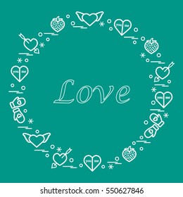 Cute vector illustration with different romantic symbols arranged in a circle. Design for banner, flyer, poster or print. 