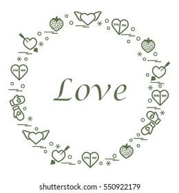 Cute vector illustration with different romantic symbols arranged in a circle. Design for banner, poster or print. 