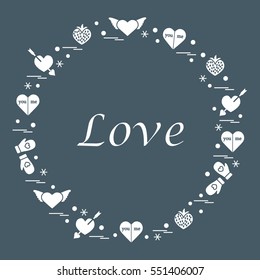 Cute vector illustration with different romantic symbols arranged in a circle. Design for banner, flyer, poster or print. 