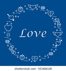 Cute vector illustration with different romantic symbols arranged in a circle. Design for banner, flyer, poster or print. 