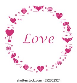Cute vector illustration with different romantic symbols arranged in a circle. Design for banner, flyer, poster or print. 