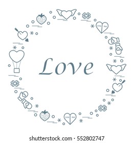 Cute vector illustration with different romantic symbols arranged in a circle. Design for banner, flyer, poster or print. 