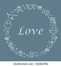 Cute vector illustration with different romantic symbols arranged in a circle. Design for banner, flyer, poster or print. 