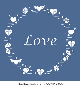 Cute vector illustration with different romantic symbols arranged in a circle. Design for banner, flyer, poster or print. 