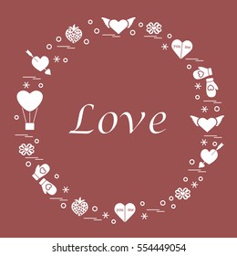Cute vector illustration with different romantic symbols arranged in a circle. Design for banner, flyer, poster or print. 