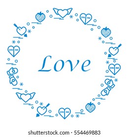 Cute vector illustration with different romantic symbols arranged in a circle. Design for banner, flyer, poster or print. 