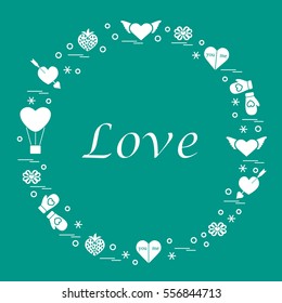 Cute vector illustration with different romantic symbols arranged in a circle. Design for banner, flyer, poster or print. 