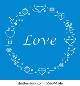 Cute vector illustration with different romantic symbols arranged in a circle. Design for banner, flyer, poster or print. 