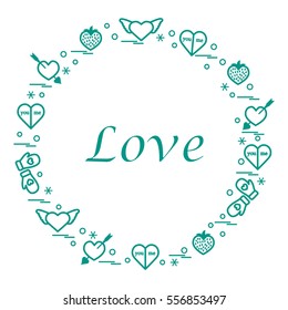 Cute vector illustration with different romantic symbols arranged in a circle. Design for banner, flyer, poster or print. 