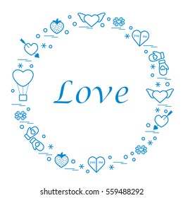 Cute vector illustration with different romantic symbols arranged in a circle. Design for banner, flyer, poster or print. 