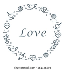 Cute vector illustration with different romantic symbols arranged in a circle. Design for banner, flyer, poster or print. 
