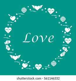 Cute vector illustration with different romantic symbols arranged in a circle. Design for banner, flyer, poster or print. 