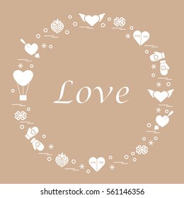 Cute vector illustration with different romantic symbols arranged in a circle. Design for banner, flyer, poster or print. 