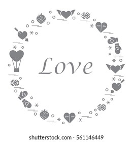 Cute vector illustration with different romantic symbols arranged in a circle. Design for banner, flyer, poster or print. 