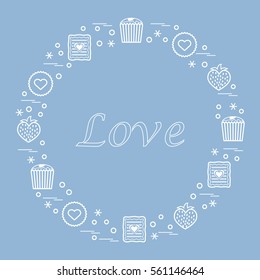 Cute vector illustration with different romantic sweets arranged in a circle. Design for banner, flyer, poster or print. Love concept.