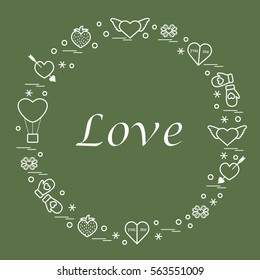 Cute vector illustration with different romantic symbols arranged in a circle. Design for banner, flyer, poster or print. 