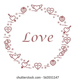 Cute vector illustration with different romantic symbols arranged in a circle. Design for banner, flyer, poster or print. 