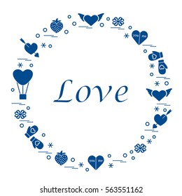 Cute vector illustration with different romantic symbols arranged in a circle. Design for banner, flyer, poster or print. 
