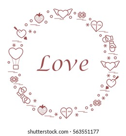 Cute vector illustration with different romantic symbols arranged in a circle. Design for banner, flyer, poster or print. 