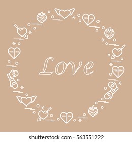 Cute vector illustration with different romantic symbols arranged in a circle. Design for banner, flyer, poster or print. 