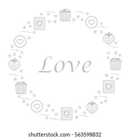 Cute vector illustration with different romantic sweets arranged in a circle. Design for banner, flyer, poster or print. Love concept.