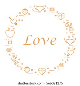 Cute vector illustration with different romantic symbols arranged in a circle. Design for banner, flyer, poster or print. 
