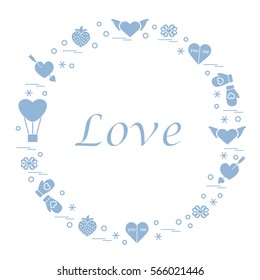Cute vector illustration with different romantic symbols arranged in a circle. Design for banner, flyer, poster or print. 