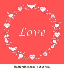 Cute vector illustration with different romantic symbols arranged in a circle. Design for banner, flyer, poster or print. 