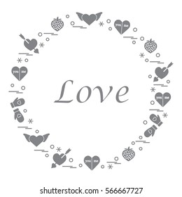 Cute vector illustration with different romantic symbols arranged in a circle. Design for banner, flyer, poster or print. 