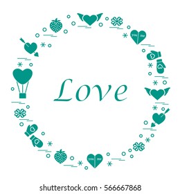 Cute vector illustration with different romantic symbols arranged in a circle. Design for banner, flyer, poster or print. 