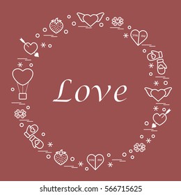 Cute vector illustration with different romantic symbols arranged in a circle. Design for banner, flyer, poster or print. 