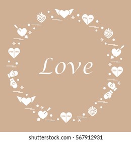 Cute vector illustration with different romantic symbols arranged in a circle. Design for banner, flyer, poster or print. 
