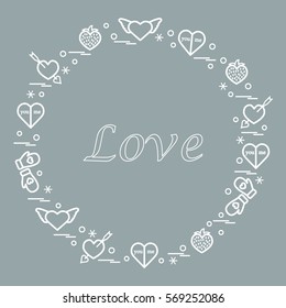 Cute vector illustration with different romantic symbols arranged in a circle. Design for banner, flyer, poster or print. 