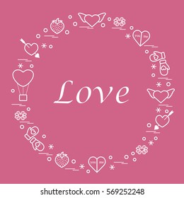 Cute vector illustration with different romantic symbols arranged in a circle. Design for banner, flyer, poster or print. 