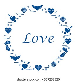 Cute vector illustration with different romantic symbols arranged in a circle. Design for banner, flyer, poster or print. 