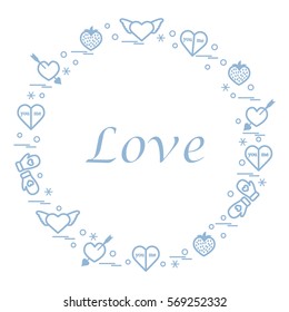 Cute vector illustration with different romantic symbols arranged in a circle. Design for banner, flyer, poster or print. 