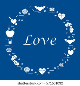 Cute vector illustration with different romantic symbols arranged in a circle. Design for banner, flyer, poster or print. 