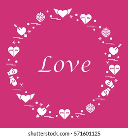 Cute vector illustration with different romantic symbols arranged in a circle. Design for banner, flyer, poster or print. 
