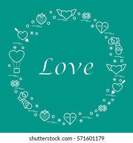 Cute vector illustration with different romantic symbols arranged in a circle. Design for banner, flyer, poster or print. 