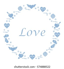 Cute vector illustration with different romantic symbols arranged in a circle. Design for banner, flyer, poster or print. 