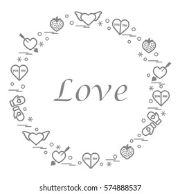 Cute vector illustration with different romantic symbols arranged in a circle. Design for banner, flyer, poster or print. 