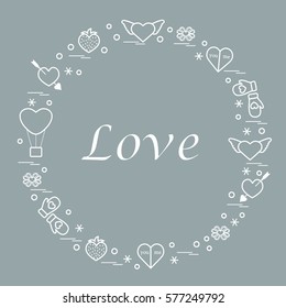 Cute vector illustration with different romantic symbols arranged in a circle. Design for banner, flyer, poster or print. 