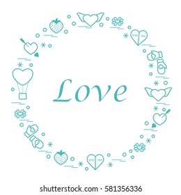 Cute vector illustration with different romantic symbols arranged in a circle. Design for banner, flyer, poster or print. 