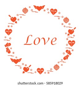 Cute vector illustration with different romantic symbols arranged in a circle. Design for banner, flyer, poster or print. 