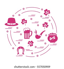 Cute vector illustration with different symbols for St. Patrick's Day arranged in a circle. Design for banner, poster or print. 